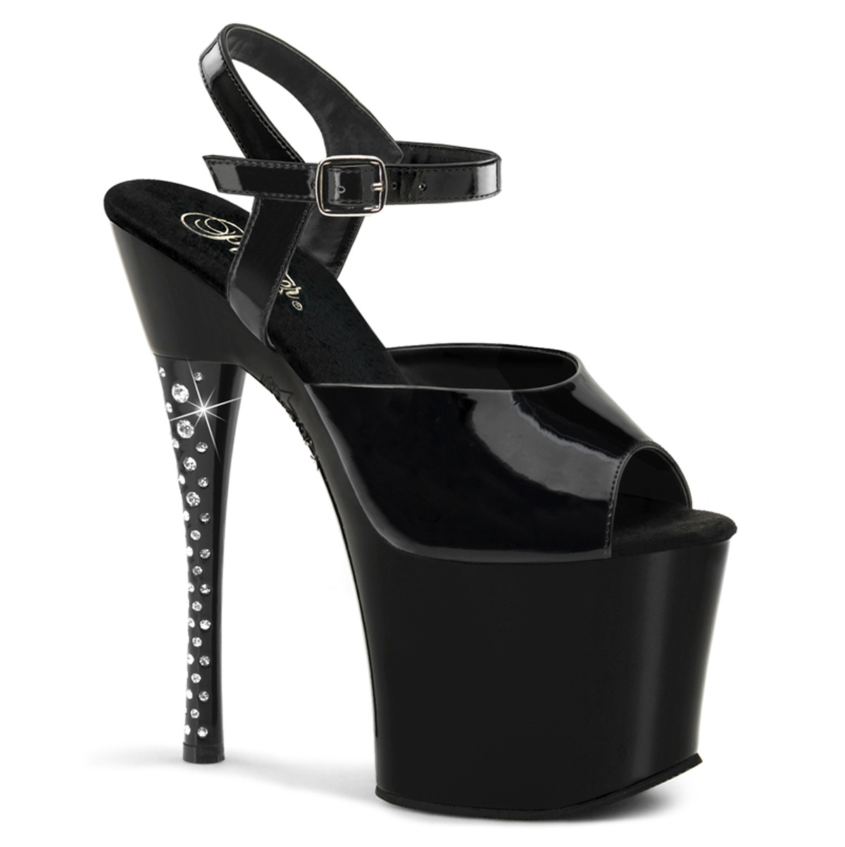PLEASER DIAMOND-709 7" RS Imbedded Heel Ankle Strap Platform Sandal Blk Pat/Blk