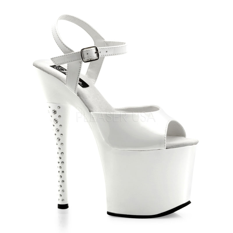 PLEASER DIAMOND-709 7" RS Imbedded Heel Ankle Strap Platform Sandal Wht Pat/Wht