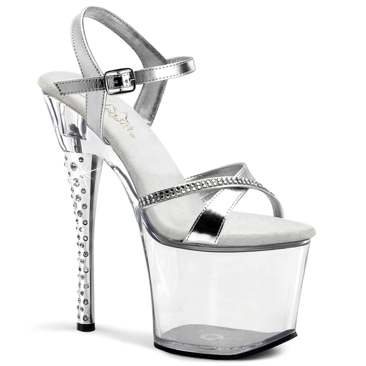 PLEASER DIAMOND-715 7" RS Imbedded Heel Crisscross Ankle Strap P/F Slv/Clr