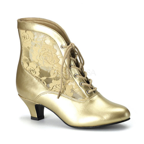 FUNTASMA DAME-05 Gold Pu-Lace Victorian Ankle Boot, 2" Gold Pu-Lace