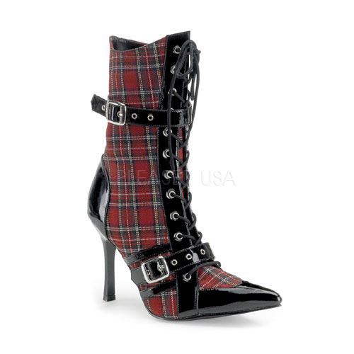 CLEARANCE DARING-1022 *Red Plaid/Blk Pat Buckled Calf Boot, 3 3/4" Red Plaid Fabric-Blk Pat