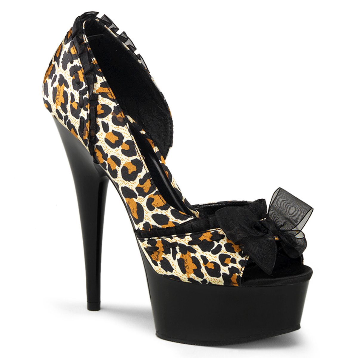 PLEASER DELIGHT-665 6" Heel, 1 3/4" PF Peep Toe Pump W/ Lace Trim, Ribbon Bow Leopard Print Satin/Blk