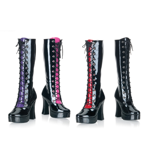 PLEASER ELECTRA-2037 5" Stack Heel, 1 1/2" PF Lace Up Knee Boot, Side Zip Blk Pat