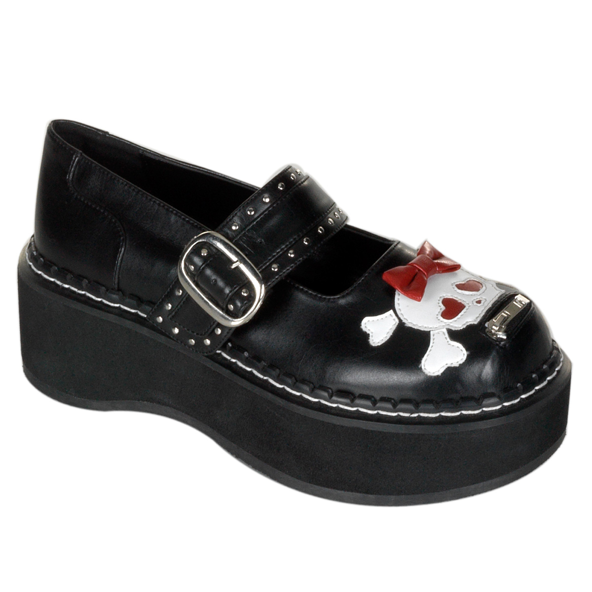 DEMONIA EMILY-221 2" P/F Blk Pu M/J Shoe W/Bow Skull Hea Blk Pu