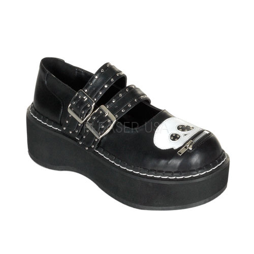 DEMONIA EMILY-222 2" P/F Blk Pu M/J Shoe W/Zipper Skull Hea Blk Pu