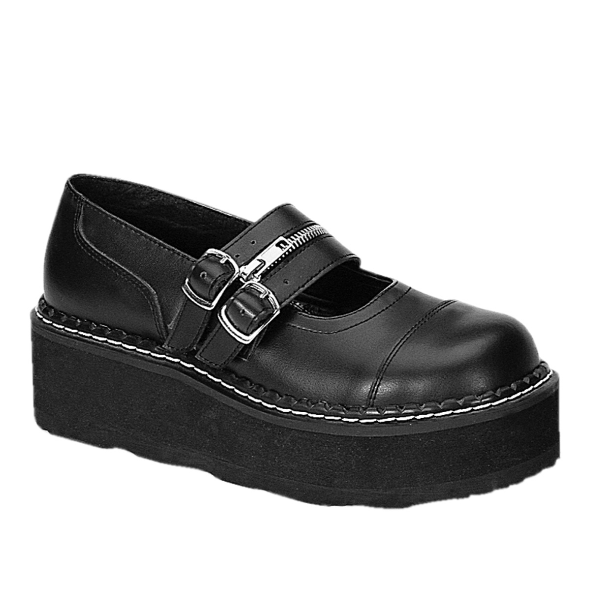 DEMONIA EMILY-306 2" Blk Pu Double Strap P/F M/J Sho Blk Pu
