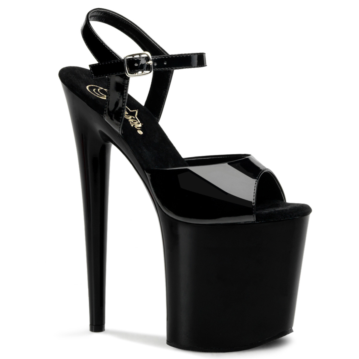 PLEASER FLAMINGO-809 8" Heel Ankle Strap Platform Sandal Blk Pat/Blk