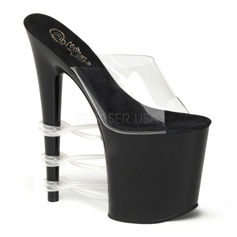 PLEASER FLAMINGO-801T-3 8" Heel, 4" PF Slide W/ UV Tubes Clr/Blk-Light Blue