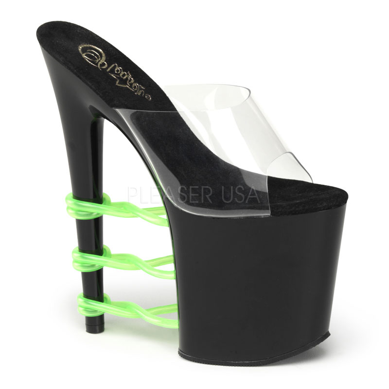 PLEASER FLAMINGO-801T-3 8" Heel, 4" PF Slide W/ UV Tubes Clr/Blk-Light Green