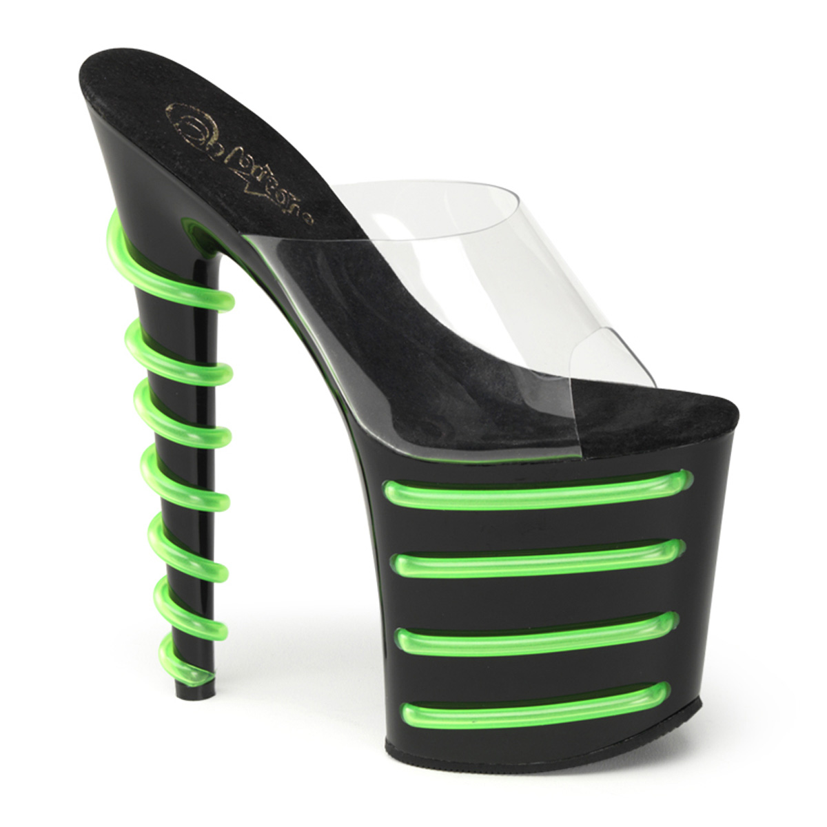 PLEASER FLAMINGO-801T-4 8" Heel, 4" PF Slide W/ UV Tubes Clr/Blk-Lime Green