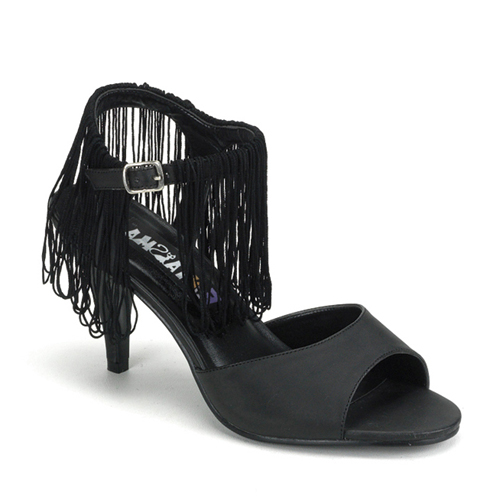 CLEARANCE FLAPPER-01 *Blk Satin Pu Sandal W/Fringe, 3" Blk Satin Pu