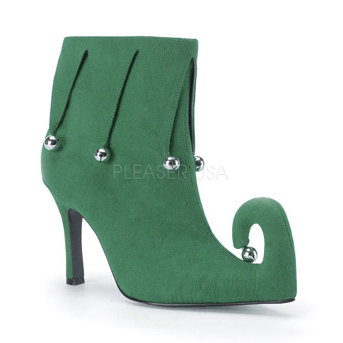 CLEARANCE FROLIC-10 *Grn Microfiber Elf Shoe W/Jingle Bells, 3 3/4" Green Microfiber