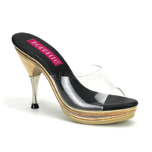 BORDELLO GENIE-100 4 1/2" Metal Tipped Stiletto Heel Wood PF Slide Clr-Blk