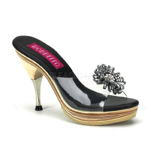 BORDELLO GENIE-100R 4 1/2" Metal Tipped Stiletto Heel Wood PF Slide Clr-Blk