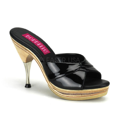 BORDELLO GENIE-101 4 1/2" Metal Tipped Stiletto Heel Wood PF Slide Blk Pat