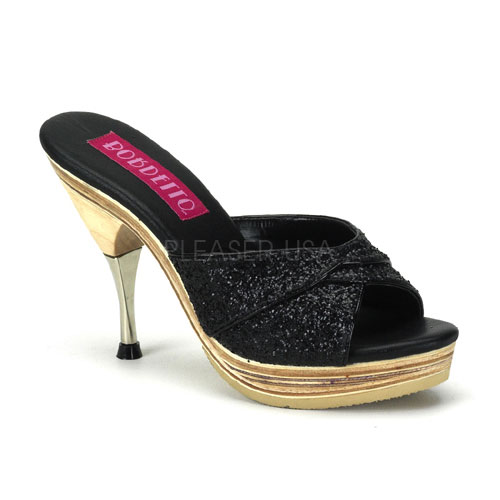 BORDELLO GENIE-101G 4 1/2" Metal Tipped Stiletto Heel Wood PF Slide Blk Gltr