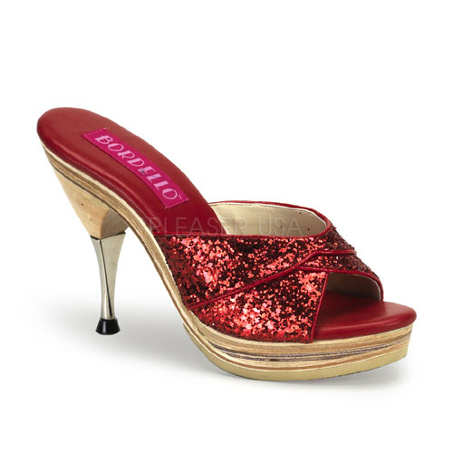 BORDELLO GENIE-101G 4 1/2" Metal Tipped Stiletto Heel Wood PF Slide Red Gltr