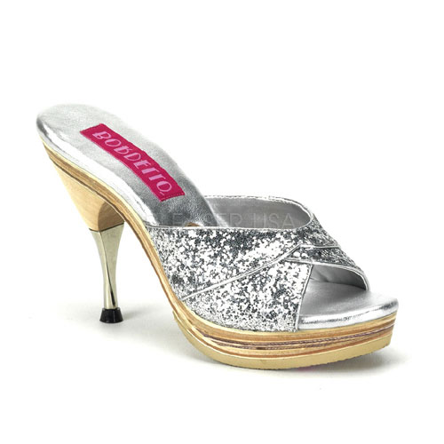 BORDELLO GENIE-101G 4 1/2" Metal Tipped Stiletto Heel Wood PF Slide Slv Gltr
