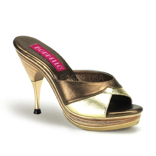 BORDELLO GENIE-101LE 4 1/2" Metal Tipped Stiletto Heel Wood PF Slide Bronze-Gold Leather