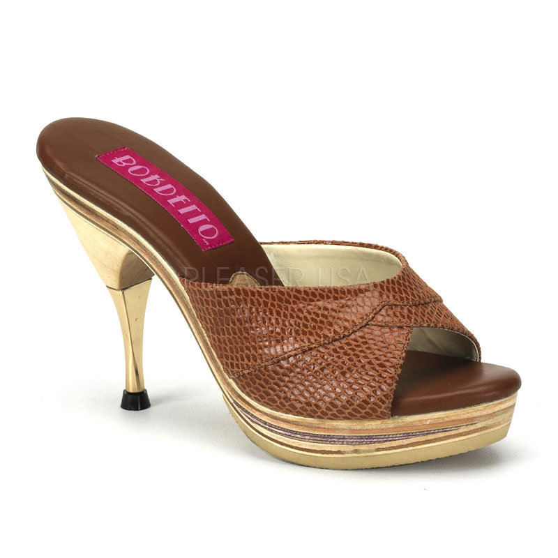 BORDELLO GENIE-101SP 4 1/2" Metal Tipped Stiletto Heel Wood PF Slide Brown Snake Print Leather