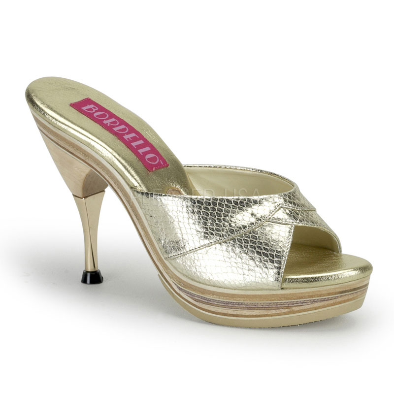 BORDELLO GENIE-101SP 4 1/2" Metal Tipped Stiletto Heel Wood PF Slide Bronze Snake Print Leather
