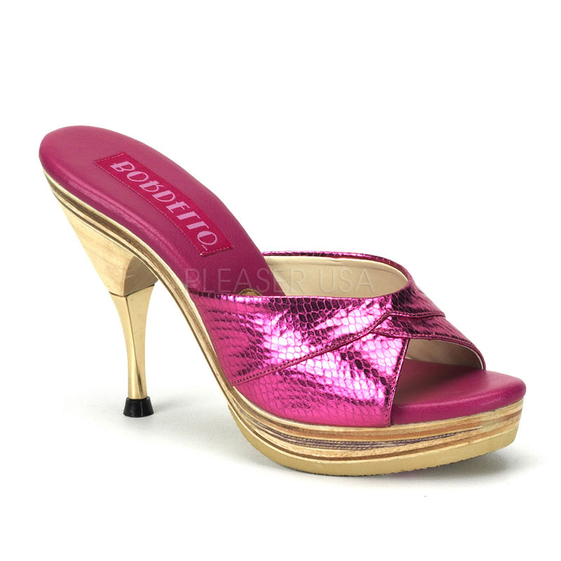 BORDELLO GENIE-101SP 4 1/2" Metal Tipped Stiletto Heel Wood PF Slide Fuchsia Snake Print Leather