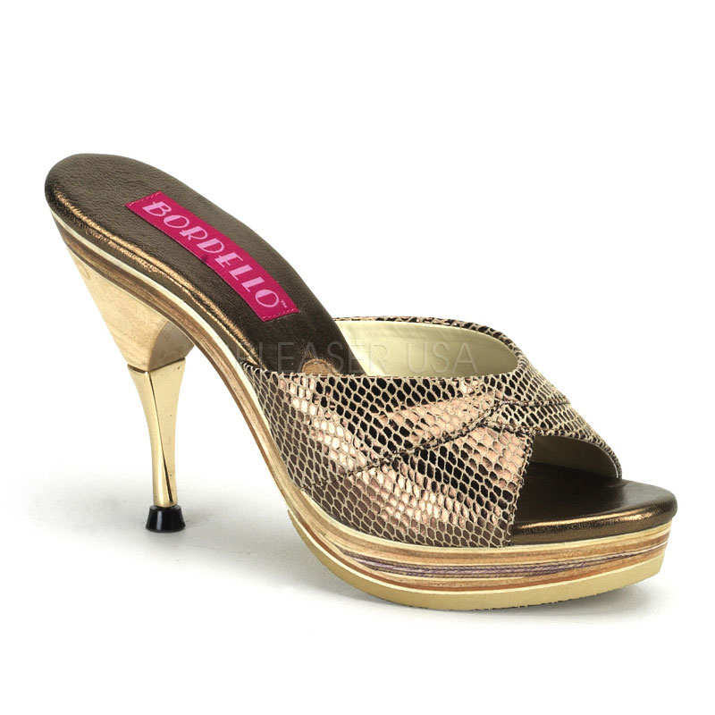 BORDELLO GENIE-101SP 4 1/2" Metal Tipped Stiletto Heel Wood PF Slide Gold Snake Print Leather