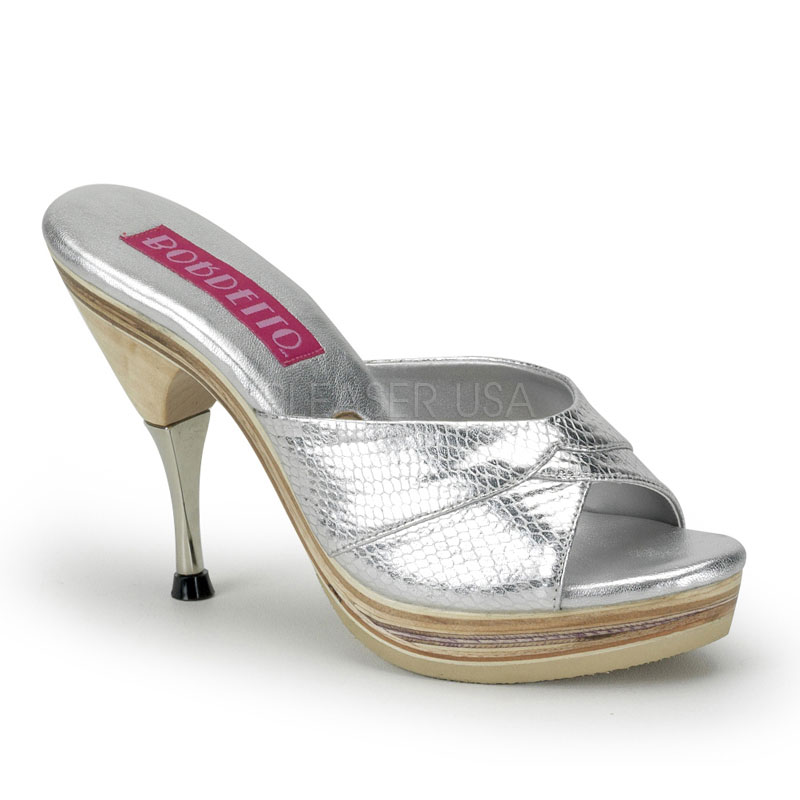 BORDELLO GENIE-101SP 4 1/2" Metal Tipped Stiletto Heel Wood PF Slide Slv Snake Print Leather