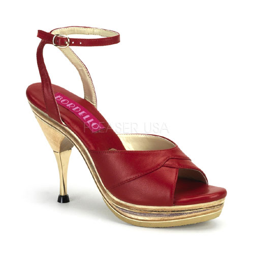 BORDELLO GENIE-109LE 4 1/2" Metal Tipped Stiletto Heel Ankle Strap Red Leather