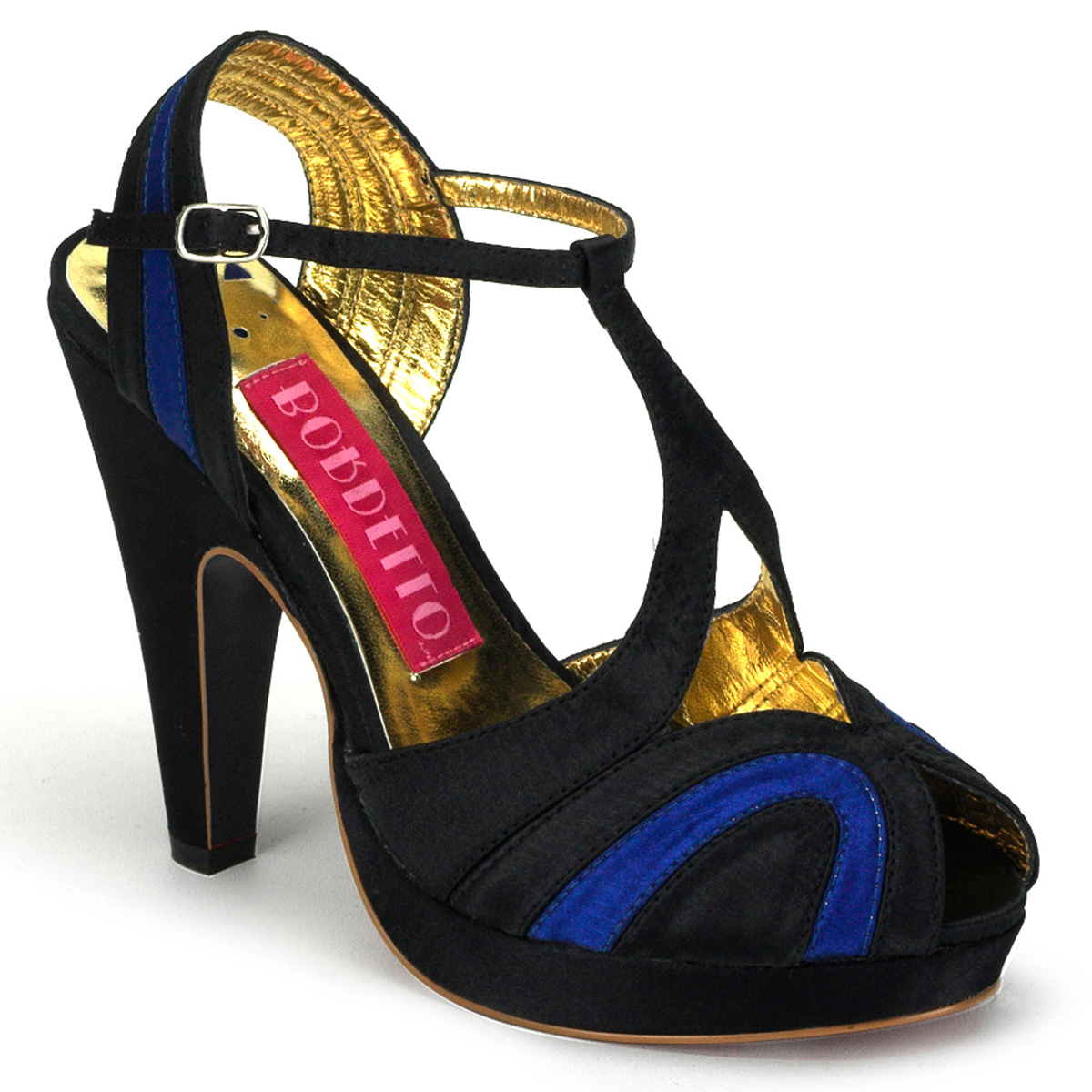 BORDELLO GIGGLE-02 4 1/2" Heel 2 Tone Satin Peep Toe Platform/Blk-Blue Satin