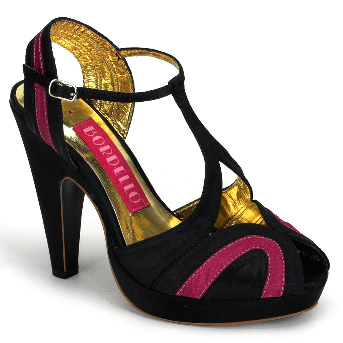 BORDELLO GIGGLE-02 4 1/2" Heel 2 Tone Satin Peep Toe Platform/Blk-Burgundy Satin