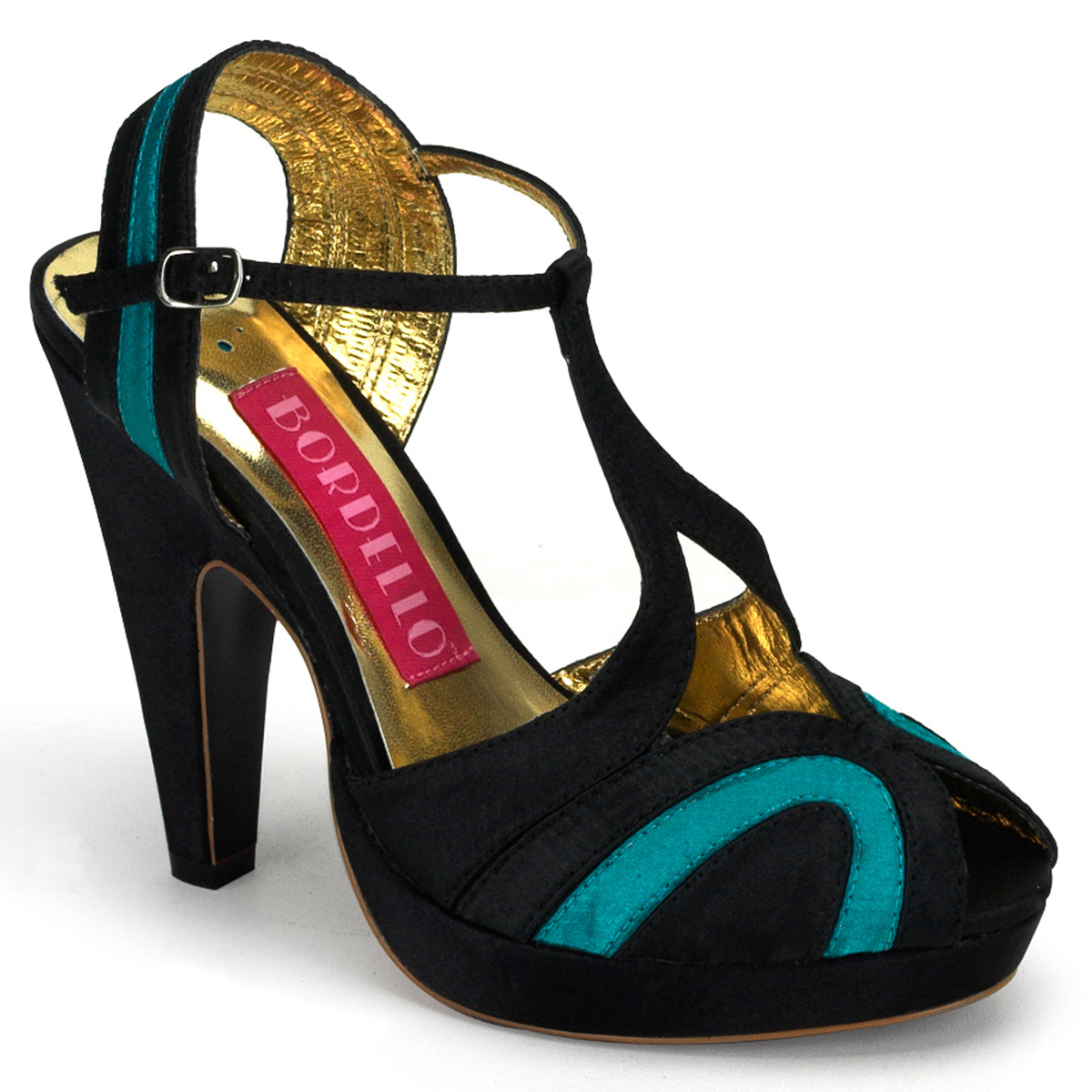BORDELLO GIGGLE-02 4 1/2" Heel 2 Tone Satin Peep Toe Platform/Blk-Turquoise Satin