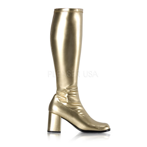 FUNTASMA GOGO-300 3" Block Heel GOGO Boots, Side Zip Gold Str Pu