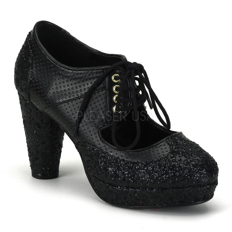 BORDELLO GRIND-03G 3 1/2" Heel Lace-Up Glitter Shoe W/Mini Platform Blk Pu-Gltr