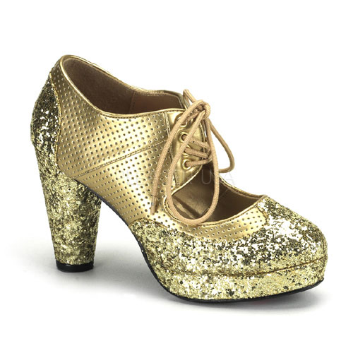 BORDELLO GRIND-03G 3 1/2" Heel Lace-Up Glitter Shoe W/Mini Platform Gold Pu-Gltr