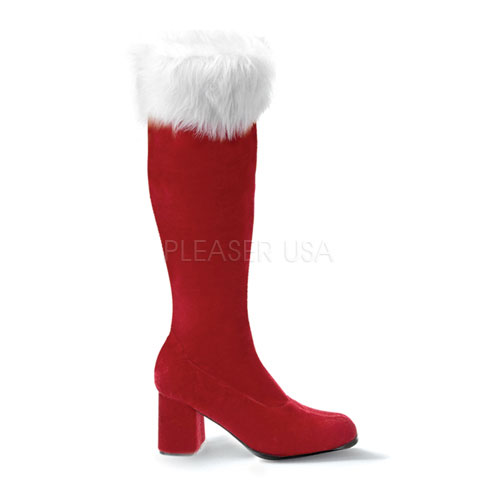 FUNTASMA GOGO-300F 3" Block Heel Santa Boot, Side Zip Red Velvet-Wht Faux Fur