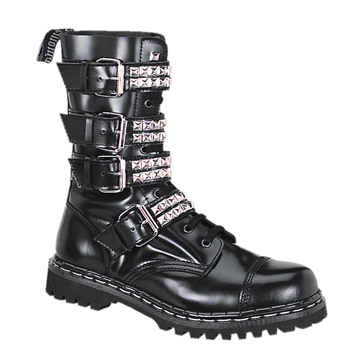 DEMONIA GRAVEL-10S 10 Eyelet 4 Strap S/T Calf Boot Blk Leather