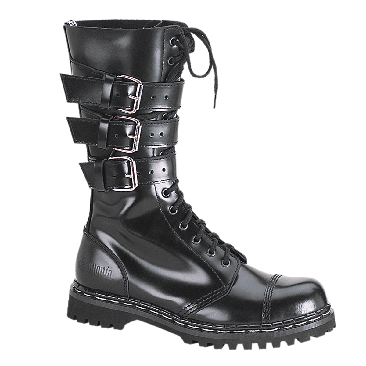 DEMONIA GRAVEL-14 14 Eyelets 3 Strap S/T Calf Boot Blk Leather