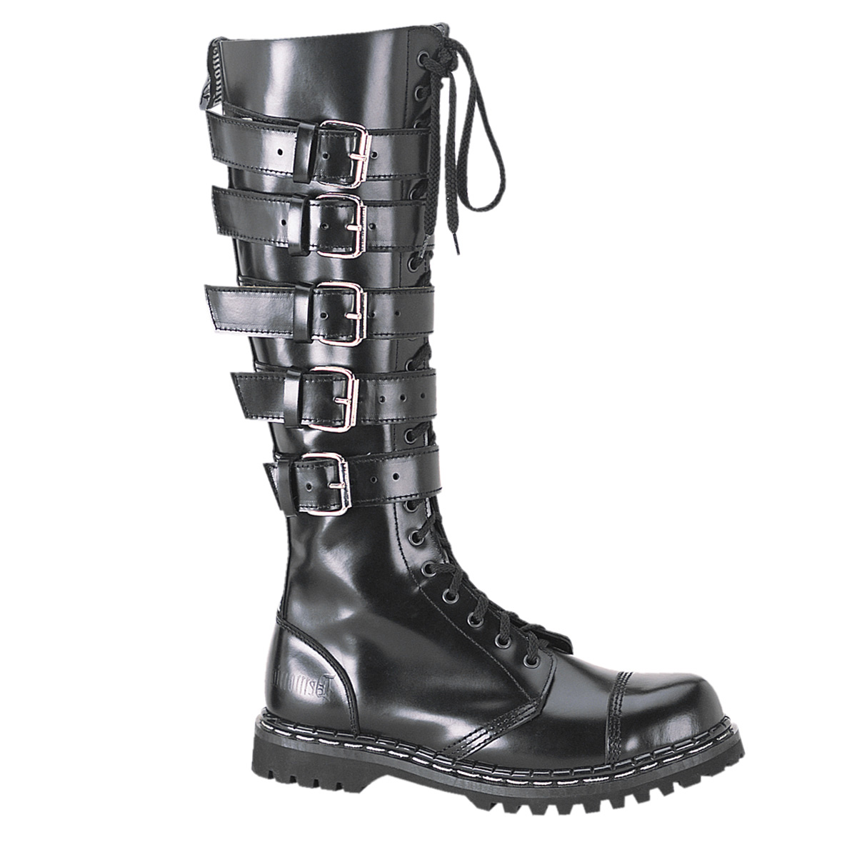 DEMONIA GRAVEL-20 20 Eyelet 5 Strap Blk Leather S/T Knee Boot Blk Leather