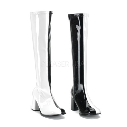 CLEARANCE GROOVY-300 *2 Tone Blk-Wht Str Pat Retro Knee Boot, 3" Blk-Wht Str Pat