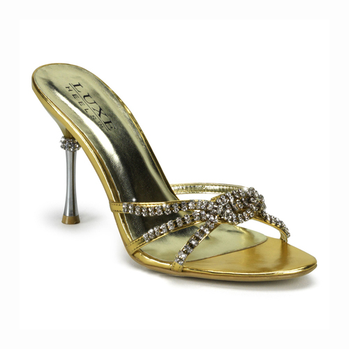 CLEARANCE JEWEL-02 *4" Strappy Slide W/Rhinestones Gold Metallic Pu