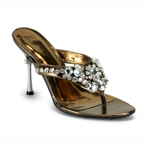 CLEARANCE JEWEL-09 *4" Thong Slide W/Rhinestones Bronze Metallic Pu