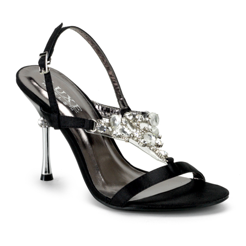 CLEARANCE JEWEL-16 *4" T-Strap Sling Back Sandal W/Rhinestones Blk Satin