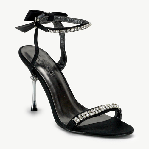 CLEARANCE JEWEL-22 *4" Ankle Wrap Sandal W/Rhinestones & Back Bow Blk Satin