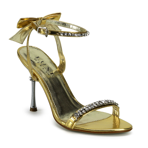 CLEARANCE JEWEL-22 *4" Ankle Wrap Sandal W/Rhinestones & Back Bow Gold Metallic Pu