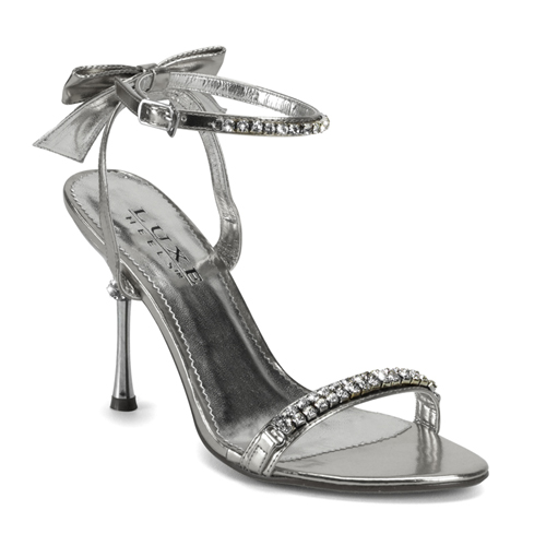 CLEARANCE JEWEL-22 *4" Ankle Wrap Sandal W/Rhinestones & Back Bow Silver Metallic Pu