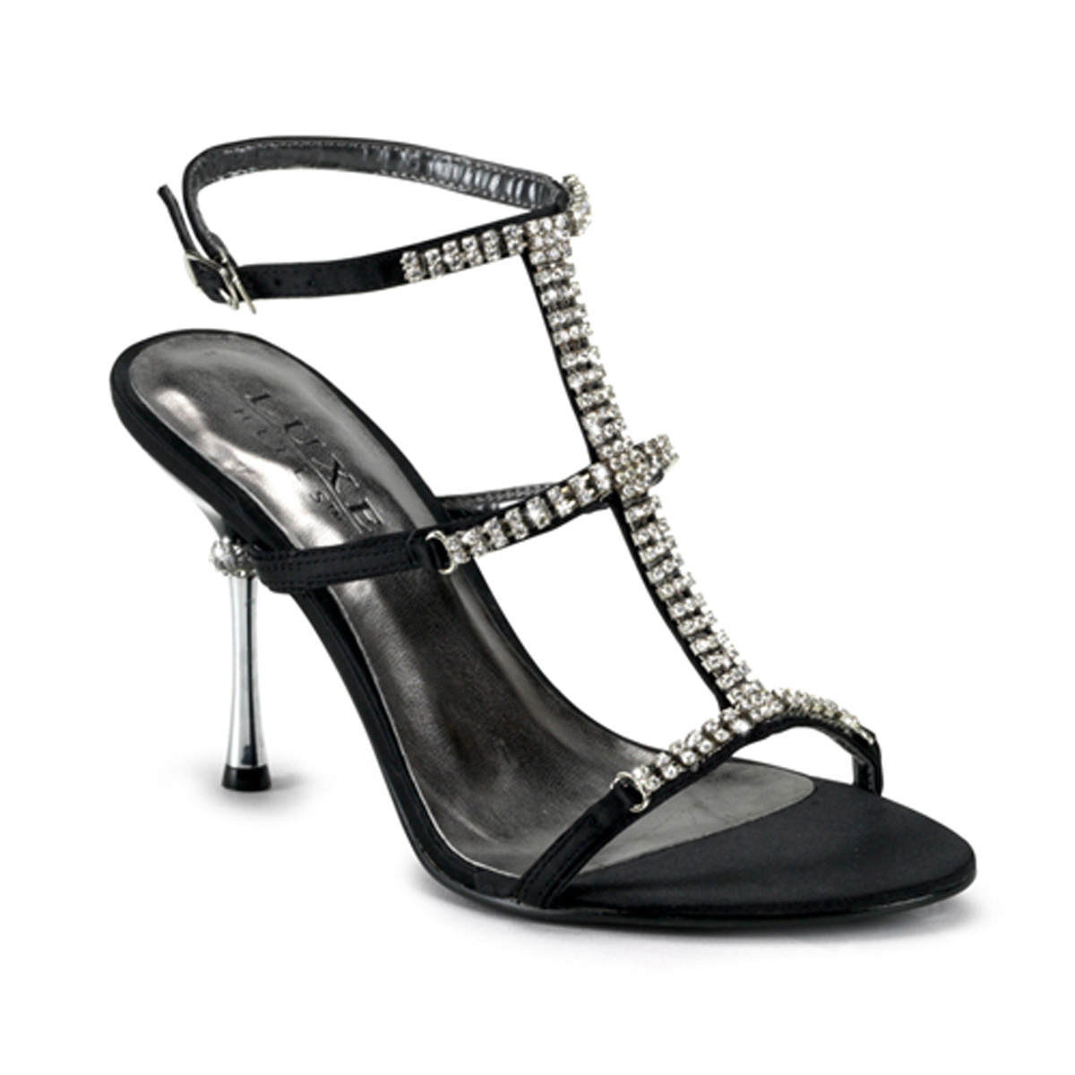CLEARANCE JEWEL-27 *4" Tri-Band T-Strap Sandal W/Rhinestones Blk Satin