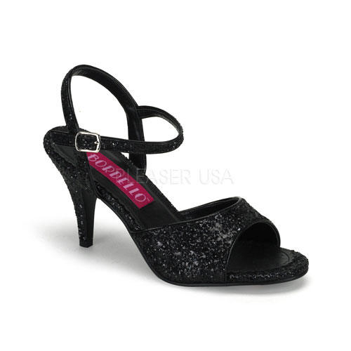 BORDELLO KITTEN-35G 3" Heel Glitter Ankle Strap Sandal Blk Gltr
