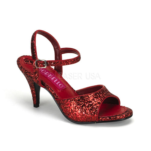 BORDELLO KITTEN-35G 3" Heel Glitter Ankle Strap Sandal Red Gltr