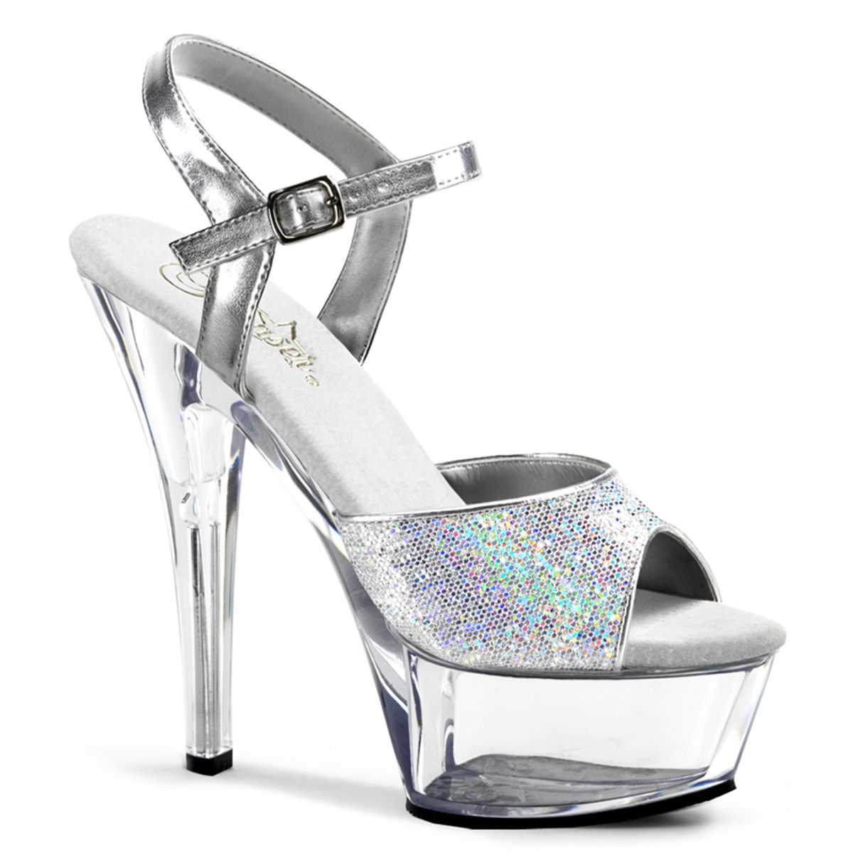 PLEASER KISS-210 6" Spike Heel P/F Sandal Slv Multi Gltr/Clr